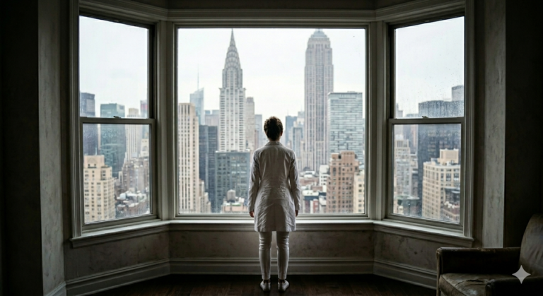 Woman standing alone at bay window looking out at city skyline representing the Visibility Intelligence for entrepreneurs journey of overcoming fear of being seen