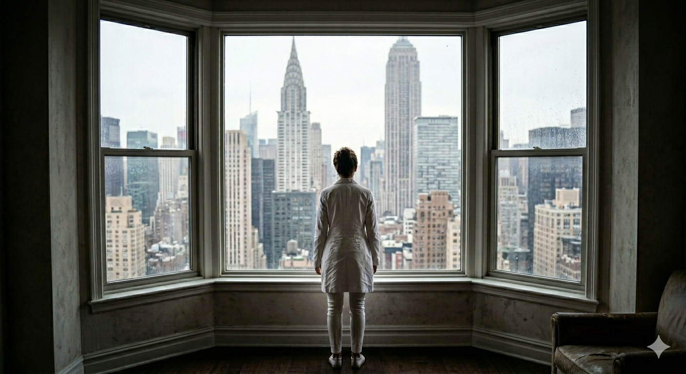 Woman standing alone at bay window looking out at city skyline representing the Visibility Intelligence for entrepreneurs journey of overcoming fear of being seen
