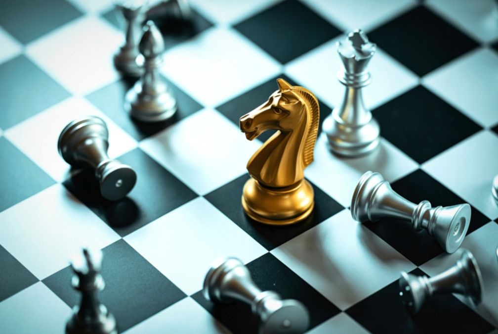 Close-up of a chessboard with a knight piece in focus and fallen pieces in the background, symbolizing why resolutions fail when people rely on temporary goals instead of personal transformation.