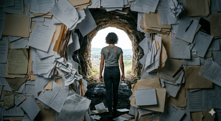 why resolutions fail: A woman stands in a dark tunnel made of checklists and paper folders, looking out toward a bright sunrise, illustrating why resolutions fail and how to embrace transformation.
