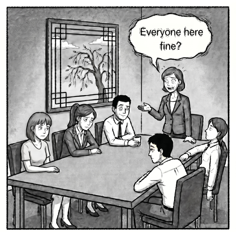 Tired team leader and employees during a meeting, showing burnout and workplace disengagement.
