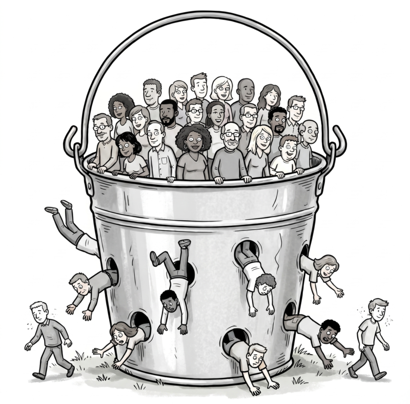 Illustration of people leaking from a bucket, symbolizing burnout, disengagement, and employee turnover.