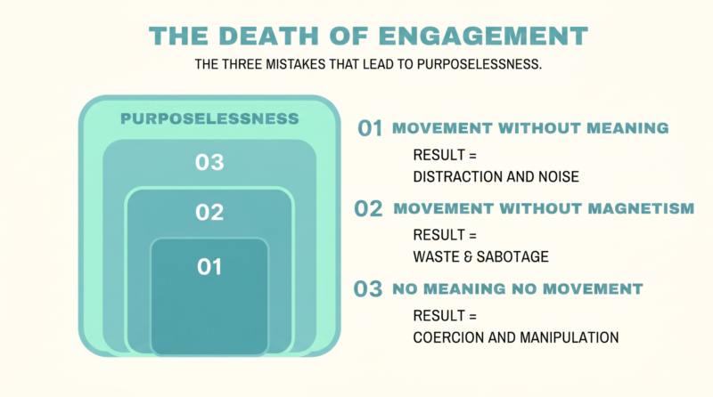 Illustration showing the death of engagement caused by purposeless work, distraction, manipulation, and lack of meaning.