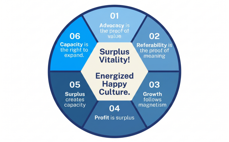 Engagement diagram showing surplus vitality, workplace culture, leadership, growth, profit, and employee engagement.
