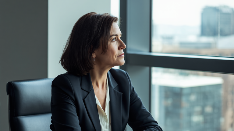 Woman executive, founder, entrepreneur sitting thoughtfully at her desk with city views, reflecting burnout, leadership fatigue, and workplace disengagement.