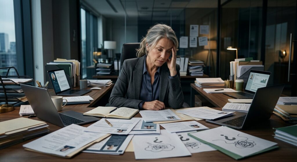 A tired businesswoman looking through folders of job applicants while reviewing resumes and struggling with the challenge of how to attract the right employees and avoiding bad hires.