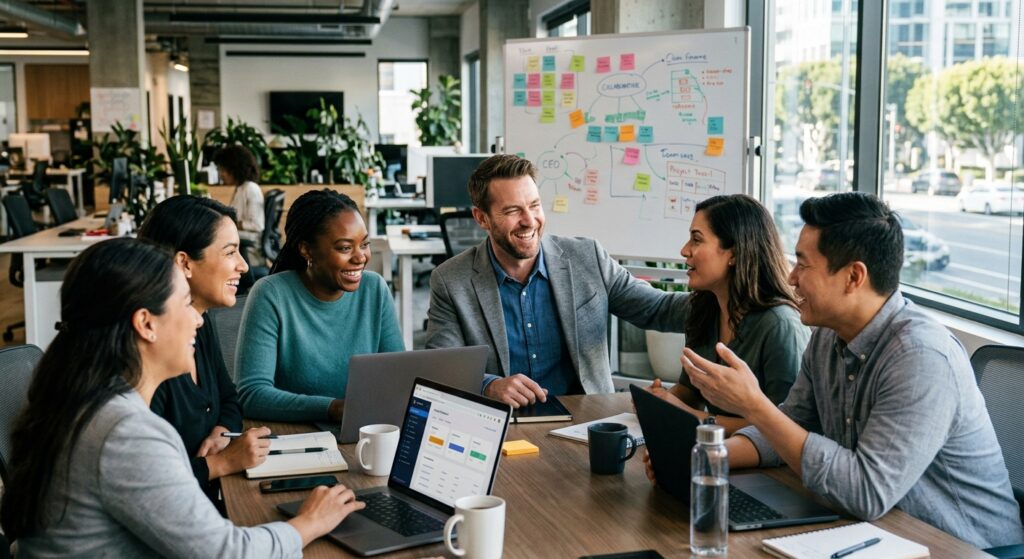 Happy business leader sitting with his employees after embracing a clear Category of One identity that gave his team a greater sense of agency, relief, and confidence.