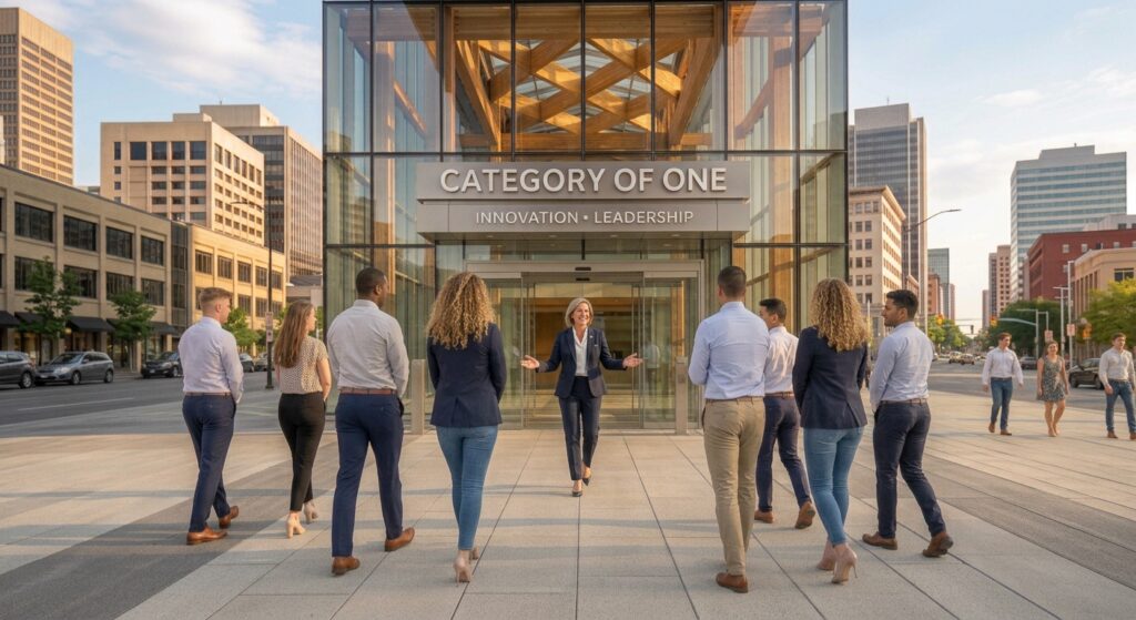 Woman confidently leading her company with a clear Category of One strategy, showing how to attract the right employees who align with her vision and values.