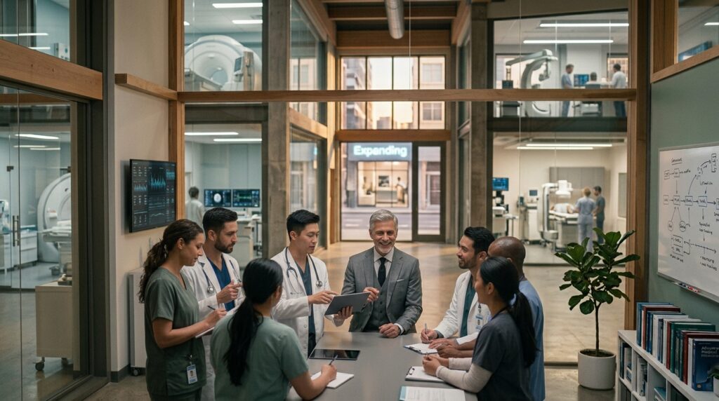 Executive meeting with a group of doctors to gather their input on employee benefits and time-off policies.